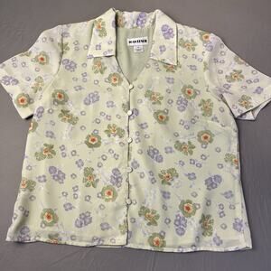 Joan Leslie 12 Button Green Floral Short Sleeve Top Chiffon Women's